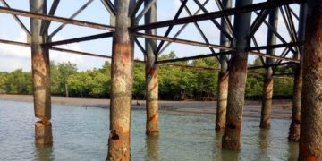 Tiang tiang  jembatan 2 pulau Dompak yang keropos, foto : alam/Detak.media