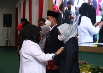 Walikota Tanjungpinang saat memasangkan pin penghargaan kepada ASN, f : Ist