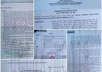 Surat pemberhentian dari partai dan PAW terhadap M. Apriyandi dari DPP Partai Gerindra yang diterima media ini, f : ist/foto klose detak.media