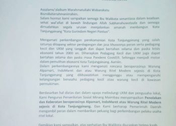 Surat dari Perserikatan Minang Maimbau untuk walikota Tanjungpinang yang diterima media ini, f : ist