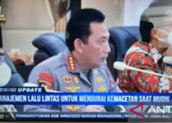 Tangkapan layar Kepala Kepolisian Indonesia, Jenderal Polisi Listyo S Prabowo, memimpin rapat koordinasi bidang operasional persiapan Mudik Lebaran 2022 diikuti kementerian lembaga terkait di Markas Besar Kepolisian Indonesia di Jakarta, Kamis (14/4/2022). ANTARA/Laily Rahmawaty