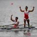 Pedayung Ardi Risedi (kiri) dan Kakan Rusmana berselebrasi usai mencapai garis finis di urutan pertama dalam babak final nomor lightweight man's double scull cabana saying SEA Games 2021 di Hai Phong, Vietnam, Rabu (11/5/2022). Ardi dan Kakan memenangkan medali emas yang pertama bagi kontingen Indonesia dalam SEA Games Vietnam. ANTARA FOTO/Aditya Pradana Putra/rwa.