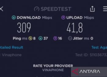 Hasil tangkap layar mengukur kecepatan jaringan di area arena cabang olahraga esport SEA Games Vietnam, National Convention Center, Hanoi, Vietnam, Rabu (11/5/2021). (ANTARA/Arindra Meodia)