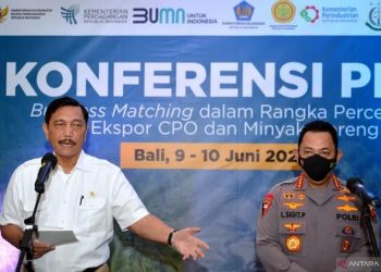 Menteri Koordinator Bidang Kemaritiman dan Investasi (Menko Marves) Luhut Binsar Pandjaitan (kiri) memberikan keterangan bersama Kapolri Jenderal Pol Listyo Sigit Prabowo (kanan) usai pembukaan kegiatan Business Matching Program Minyak Goreng Curah Rakyat (MGCR) di kawasan Legian, Badung, Bali, Jumat (10/6/2022). Business Matching produsen minyak sawit mentah (CPO) dan pengusaha minyak goreng curah itu dilakukan dalam rangka percepatan ekspor CPO dan minyak goreng. ANTARA FOTO/Fikri Yusuf/aww (ANTARA FOTO/FIKRI YUSUF)