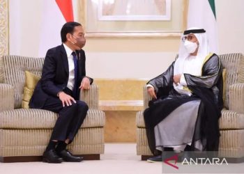 Presiden Joko Widodo dan Menteri Energi dan Infrastruktur UEA Suhail Mohammed Al Mazroei di Abu Dhabi, Uni Emirat Arab, Jumat (1/7/2022). ANTARA/HO-Biro Pers Sekretariat Presiden.