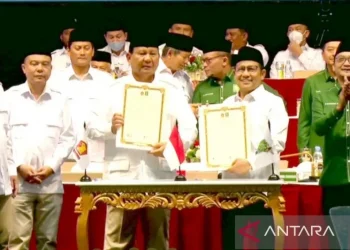 Deklarasi koalisi Partai Gerindra dan PKB di SICC, Kabupaten Bogor, Jawa Barat, Sabtu (13/8/2022). ANTARA/HO-Partai Gerindra