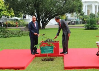 Jokowi terima kunjungan kenegaraan Presiden Vietnam Nguyen Xuan Phuc
Presiden Jokowi dan Presiden Vietnam Nguyễn Xuân Phúc menanam pohon Merawan atau Hopea Odorata di halaman samping Istana Kepresidenan Bogor pada Kamis (22/12/2022). (ANTARA/Desca Lidya Natalia)