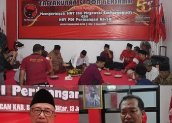 Ketua DPC PDI Perjuangan Kabupaten Blitar Rijanto (kiri) dan Sekretaris DPC Supriadi (kanan) usai kegiatan tasyakuran HUT partai ke-50, foto: Dani ES/detak.media