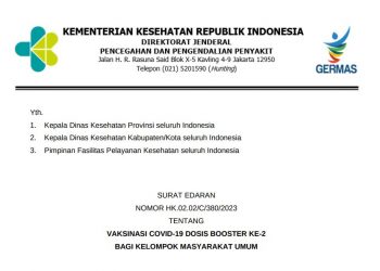 Tangkapan layar -Surat Edaran (SE) Nomor HK.02.02/C/380/2023 tentang Vaksinasi COVID-19 Dosis Booster Ke-2 Bagi Kelompok Masyarakat Umum, foto: ist