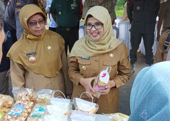 Bupati Blitar Rini Syarifah saat melihat salah satu produk UMKM di program OVOP Desa Slorok, Kecamatan Doko, foto: Dani ES/detak.media