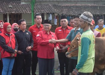 Rijanto saat serah terima sapi qurban dengan takmir Masjid Baitussalam Sambong, Kanigoro, foto: Dani ES/detak.media