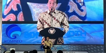 Presiden RI Joko Widodo memberikan sambutan dalam peresmian IDTH di Balai Besar Pengujian Perangkat Telekomunikasi (BBPPT) Tapos, Depok, Jawa Barat, Selasa (7/5/2024). ANTARA/Fathur Rochman/pri.